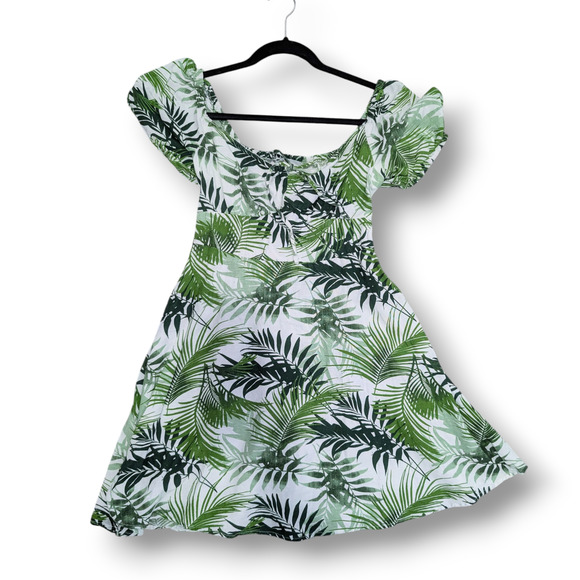 Tropical Palm Print Mini Dress Size S | Off Shoulder Smocked Puff Sleeve Japna - Picture 1 of 10